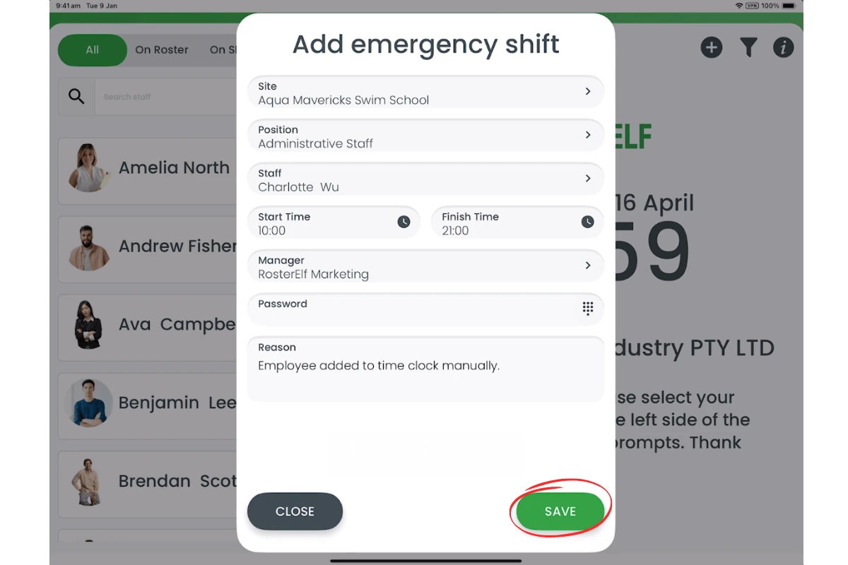 RosterElf unscheduled shift clocking interface
