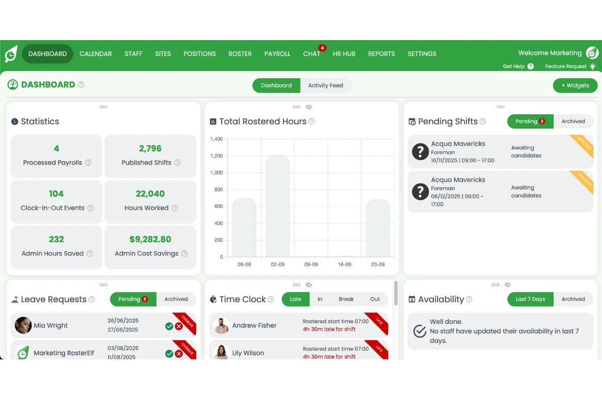 RosterElf dashboard after logging in