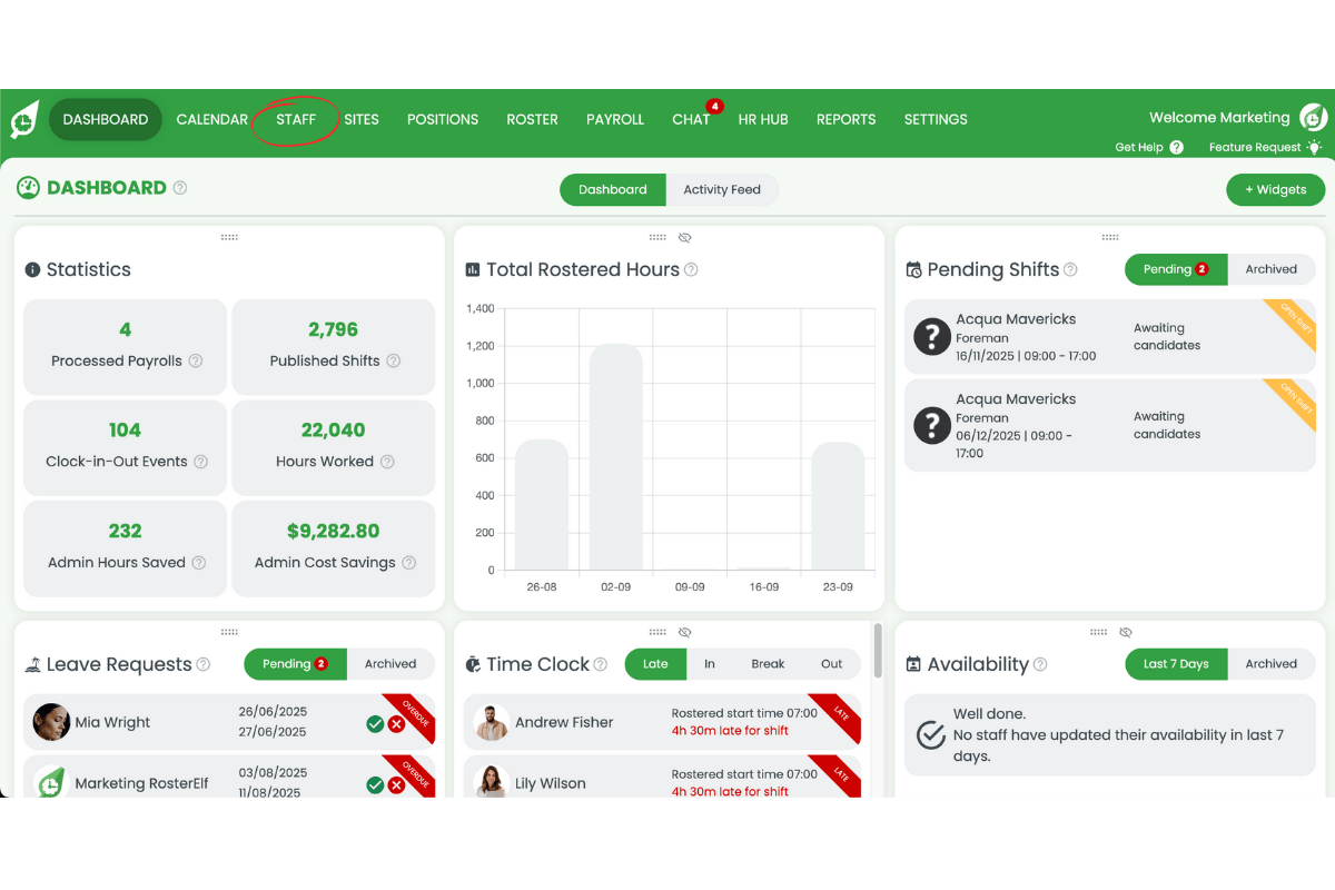 Staff management interface in RosterElf