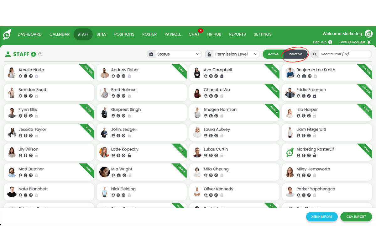 Staff management interface in RosterElf