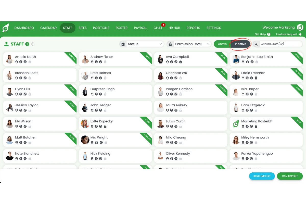 RosterElf Staff tab filtered to Inactive staff