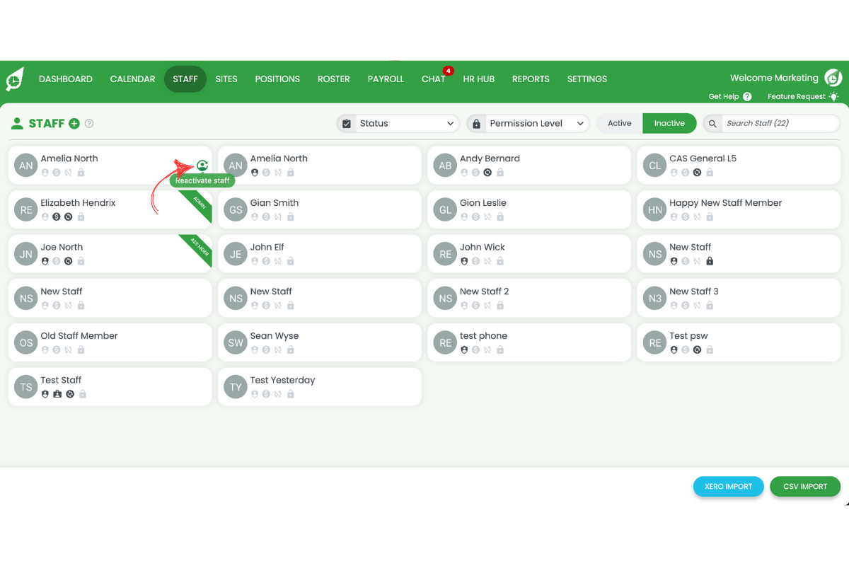 Staff management interface in RosterElf
