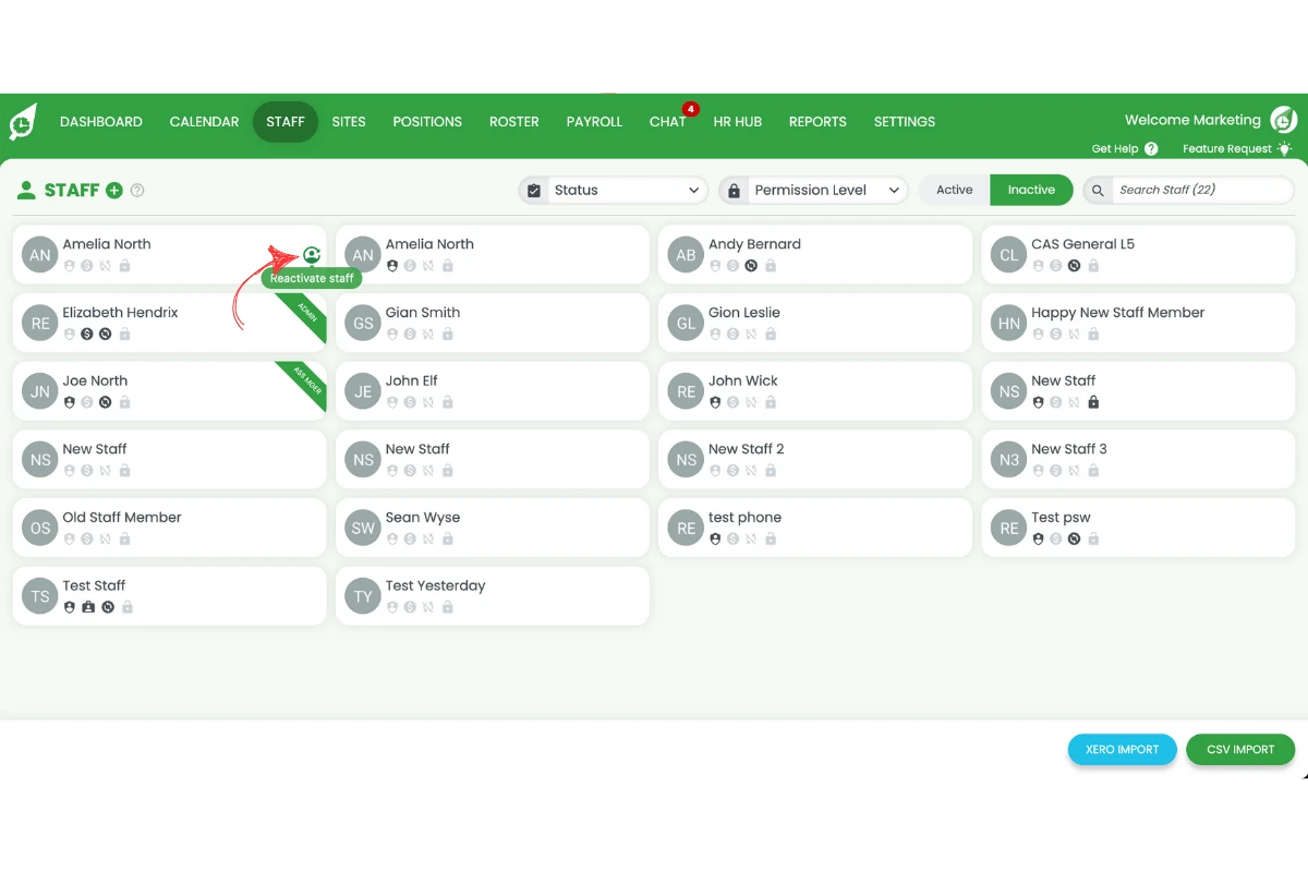 Reactivate button on an inactive staff member in RosterElf