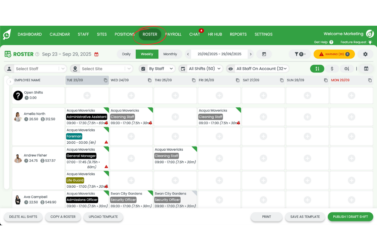 Staff management interface in RosterElf