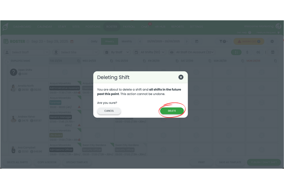 Staff management interface in RosterElf