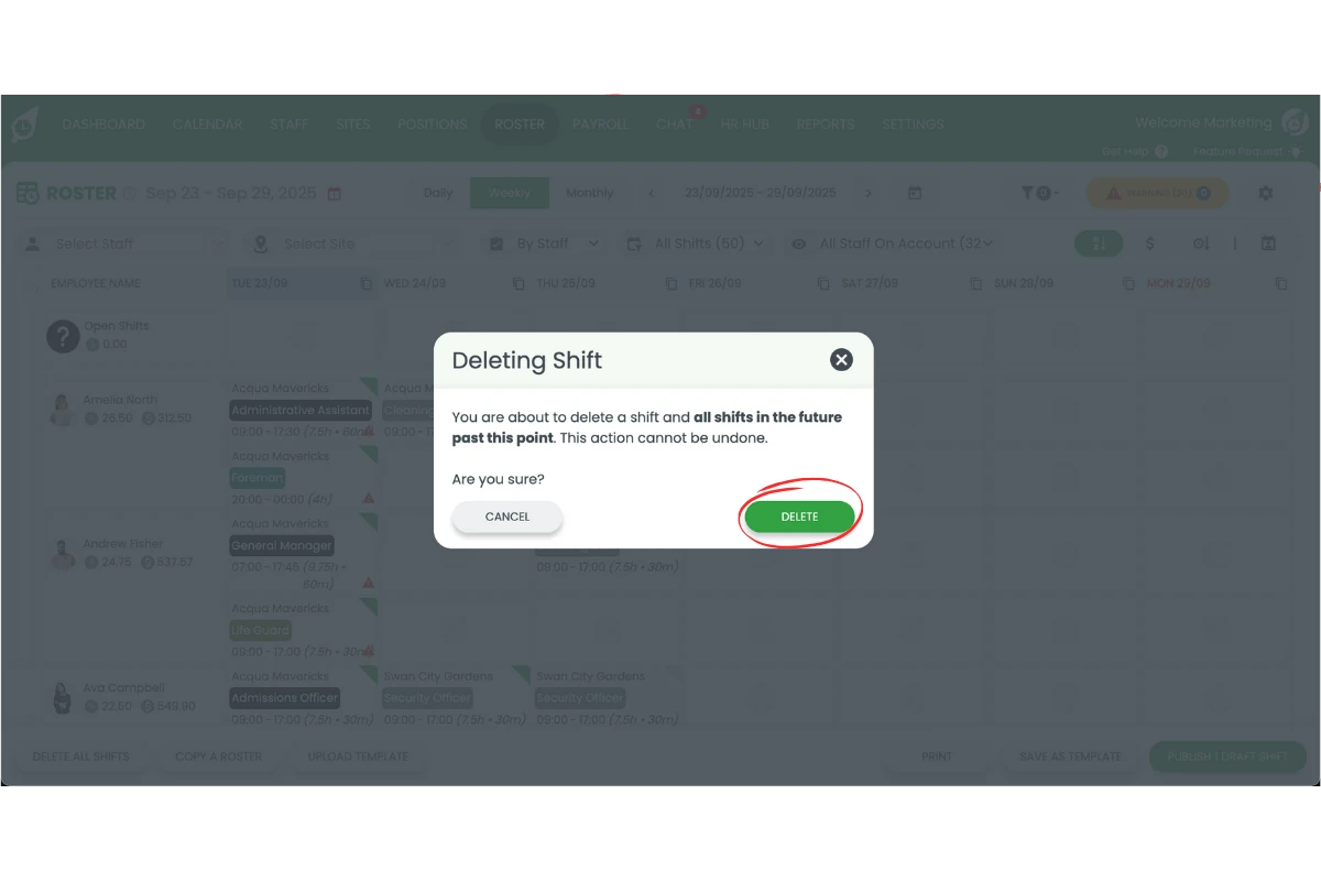 Confirming shift deletion in RosterElf