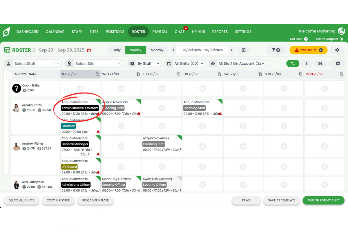 Staff management interface in RosterElf