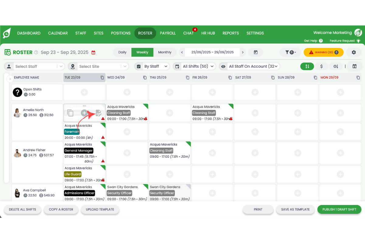 Staff management interface in RosterElf