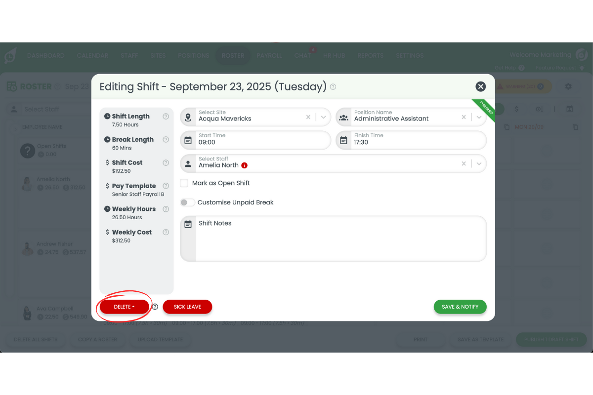 Selecting a staff member in RosterElf