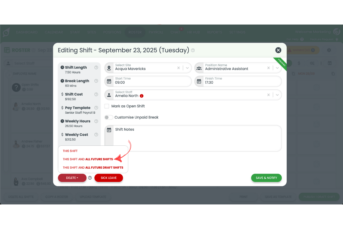 Staff management interface in RosterElf