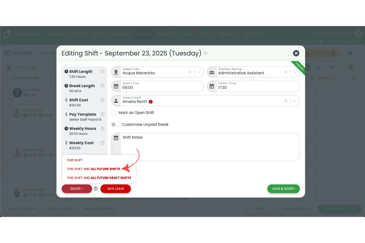 Delete option set to This shift and all future shifts in RosterElf