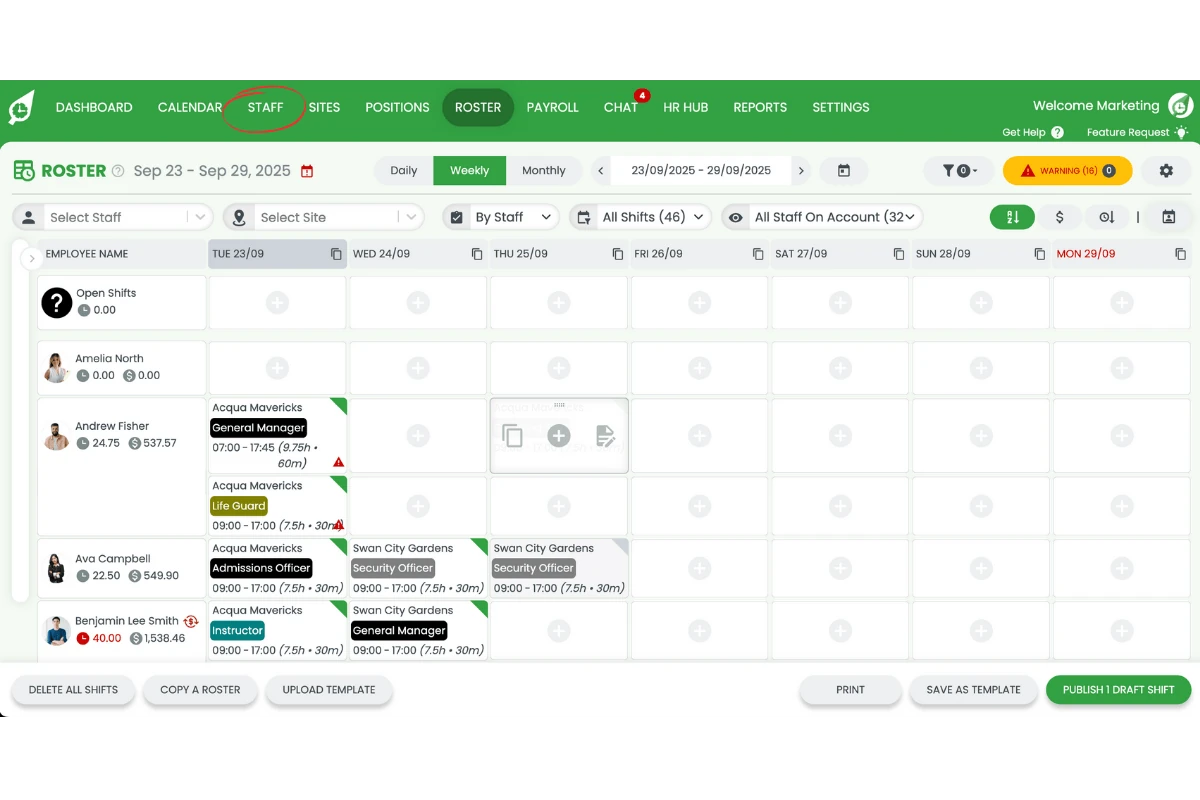 RosterElf Staff tab with the reactivated staff member