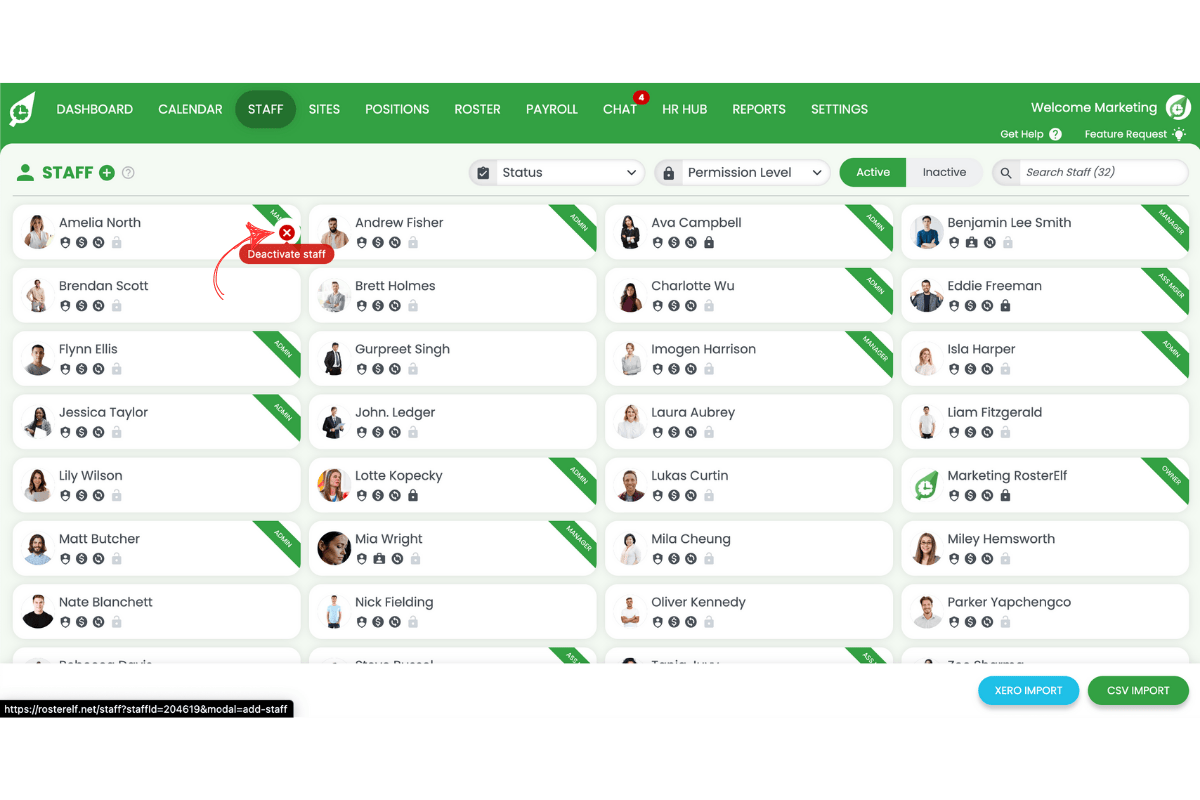 Staff management interface in RosterElf