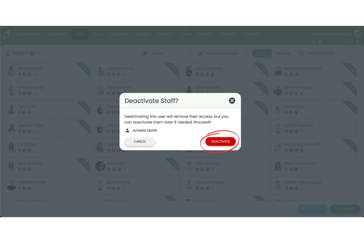 Deactivate confirmation to archive a staff member in RosterElf