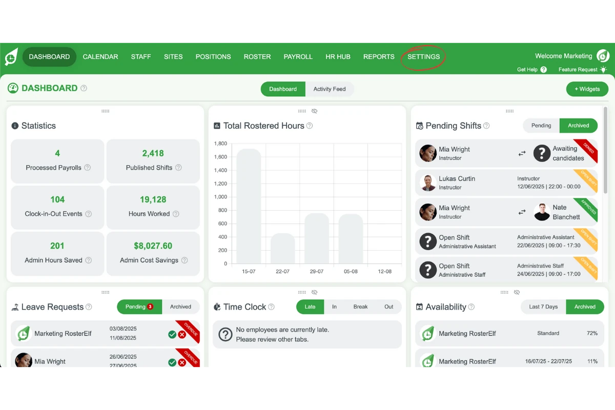RosterElf Settings menu opened to create a pay template