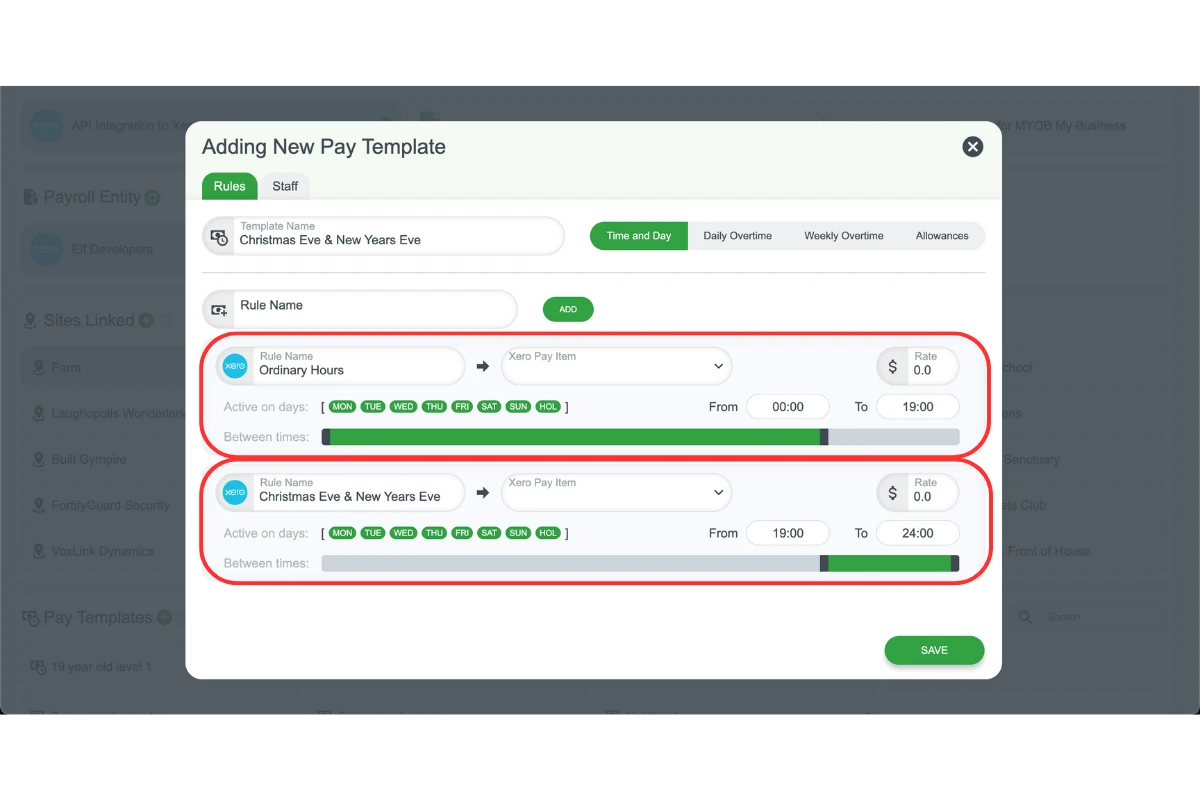 RosterElf pay template with the public holiday pay item set to run from evening to midnight