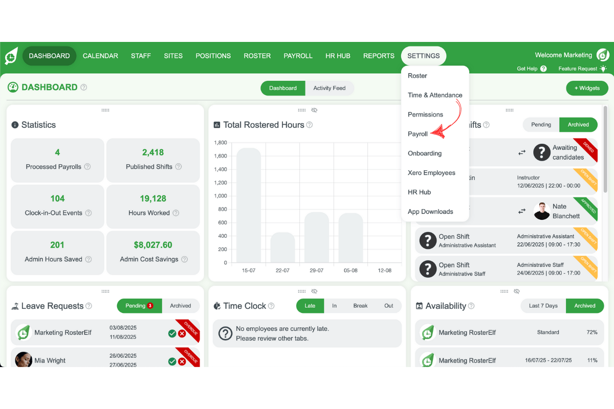 Payroll section in RosterElf