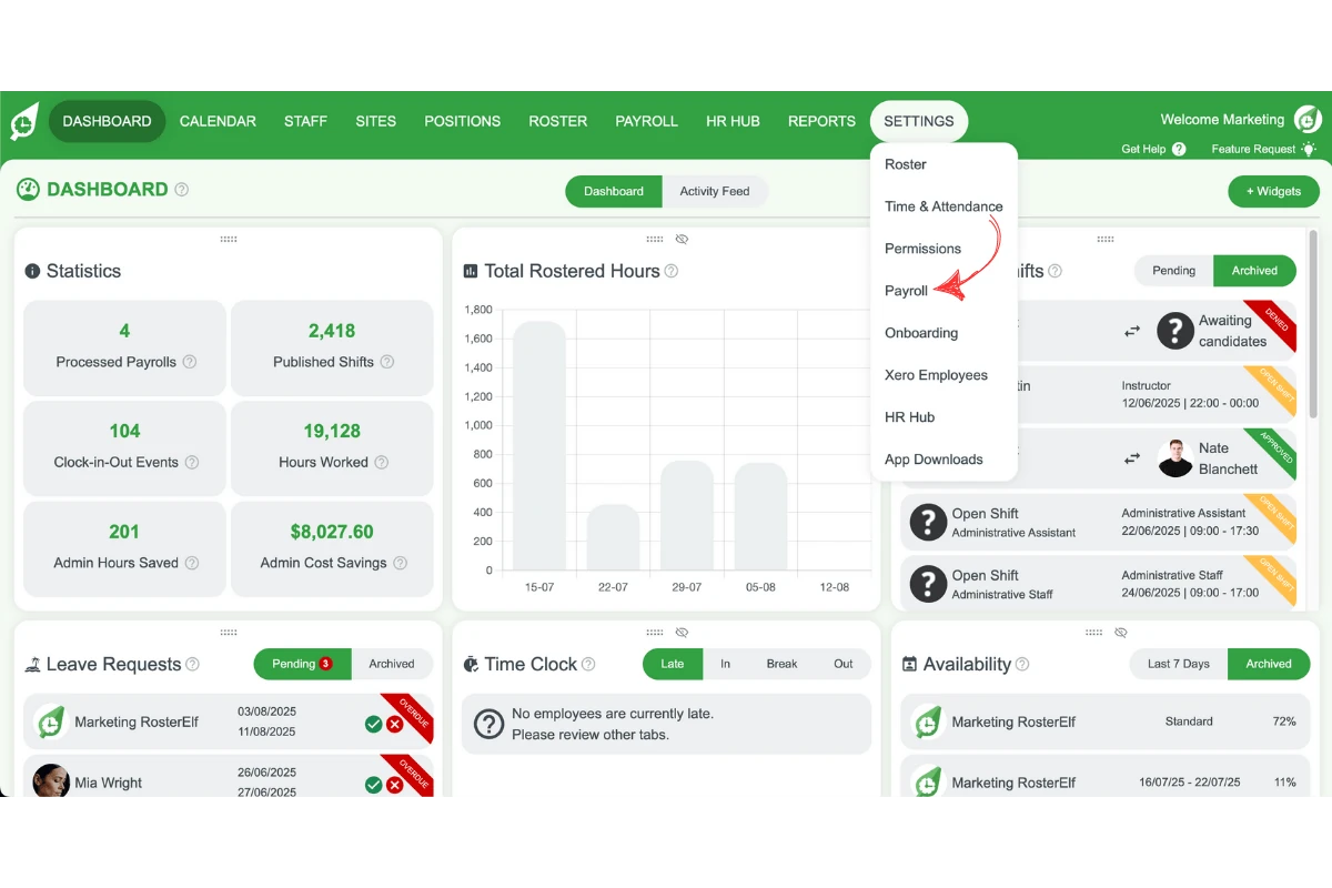 RosterElf Settings with Payroll selected