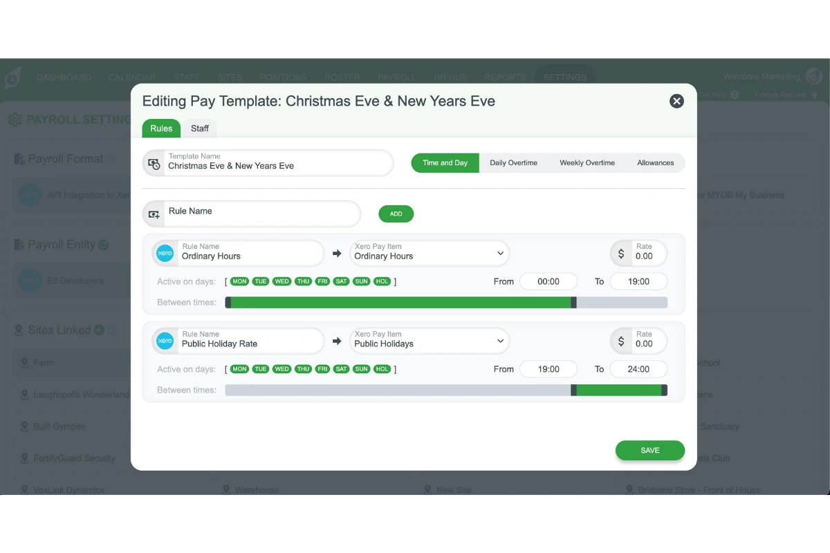 RosterElf pay template with additional required pay items applied