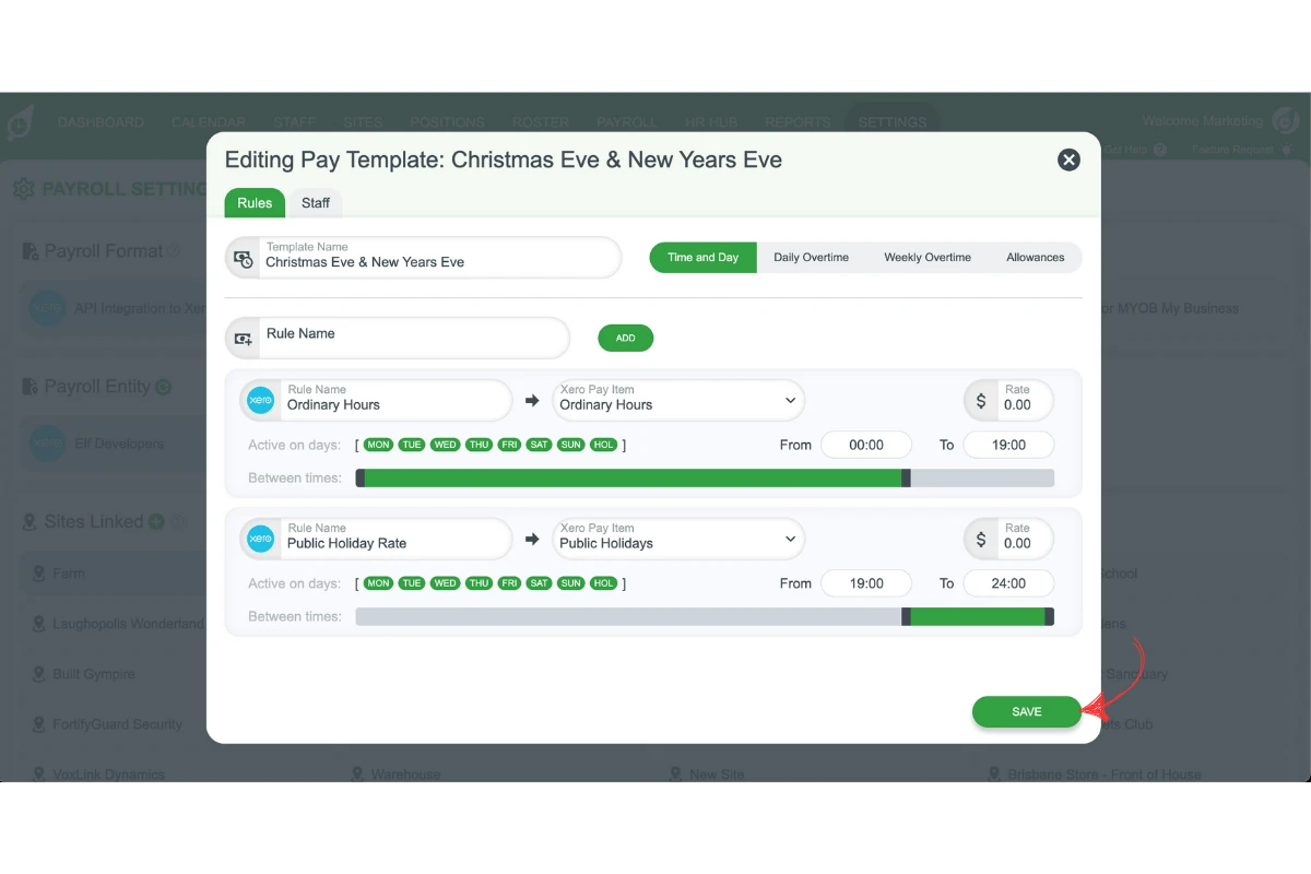 RosterElf pay template with the Save button after adding pay items