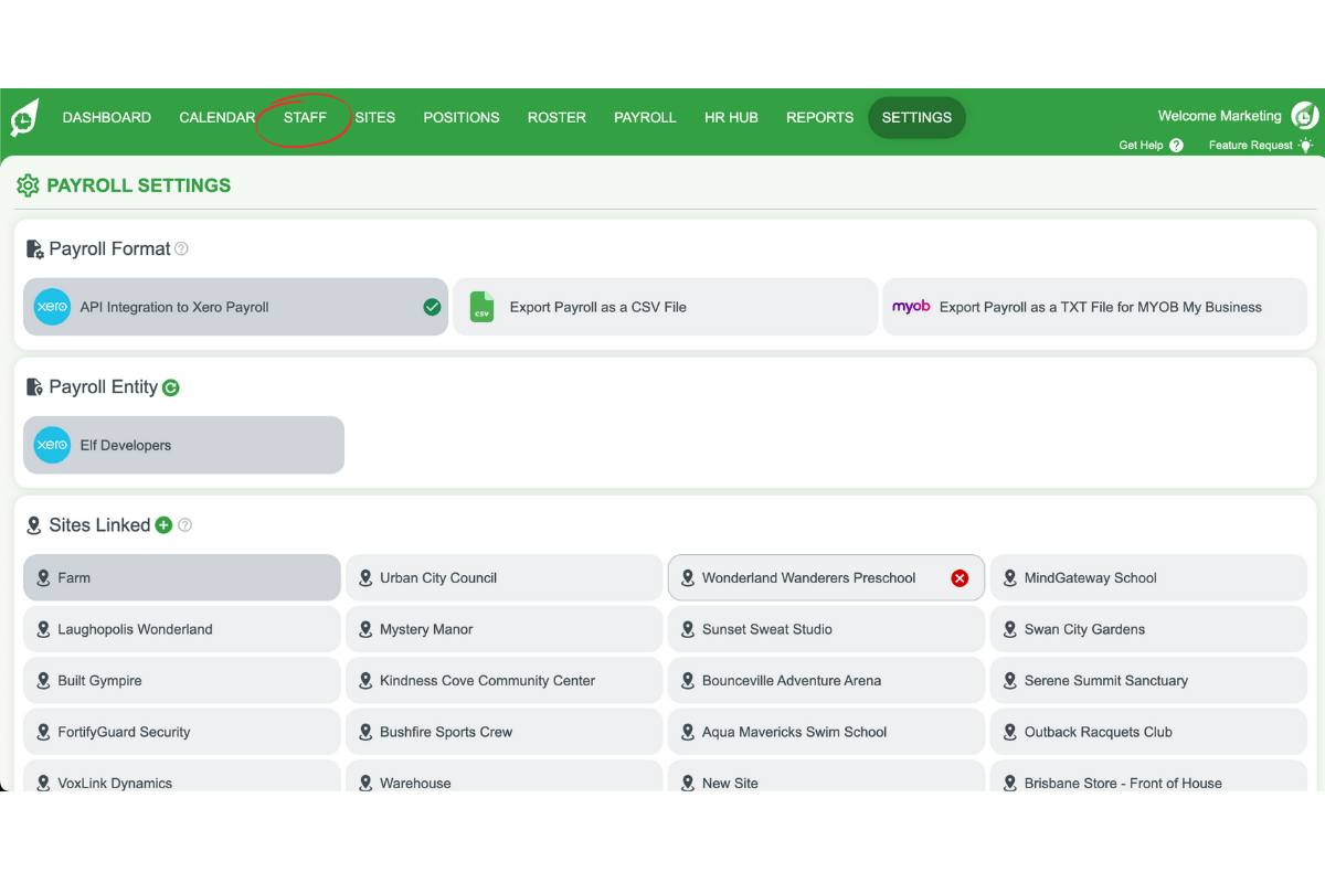 Staff management interface in RosterElf