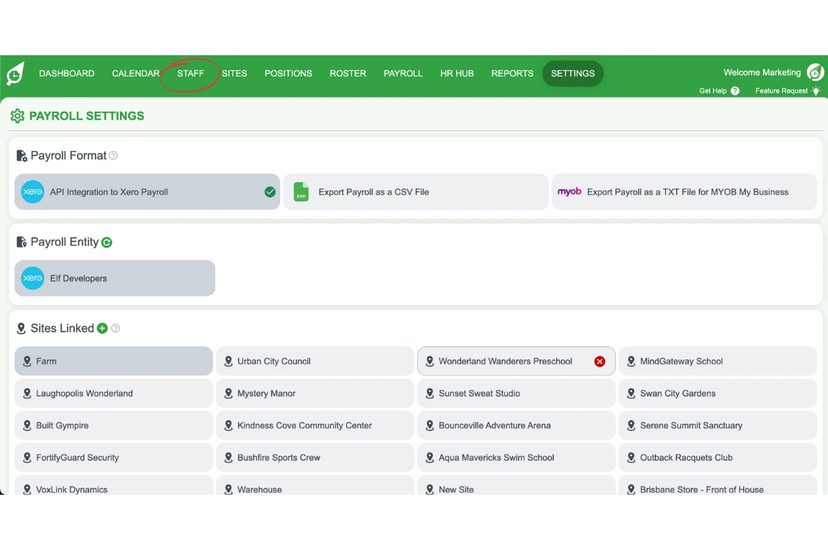 RosterElf Staff tab opened to assign the pay template