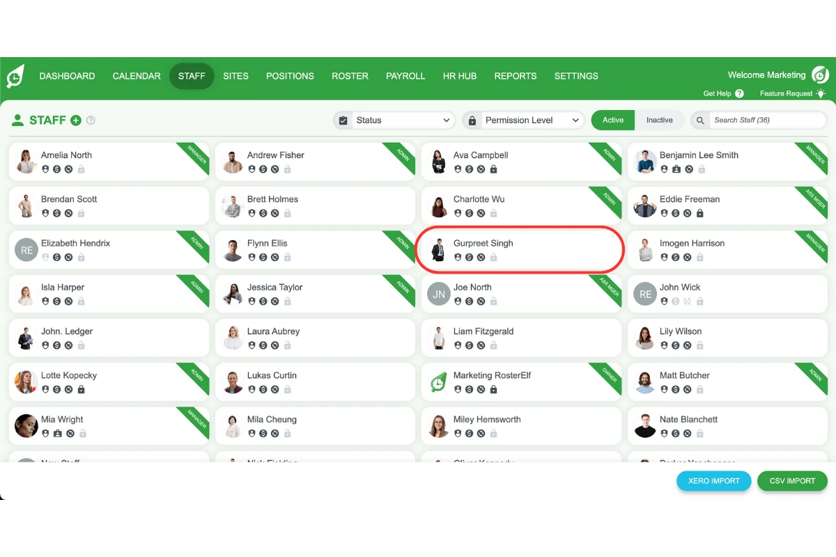 Screenshot showing the on a staff member’s profile in RosterElf