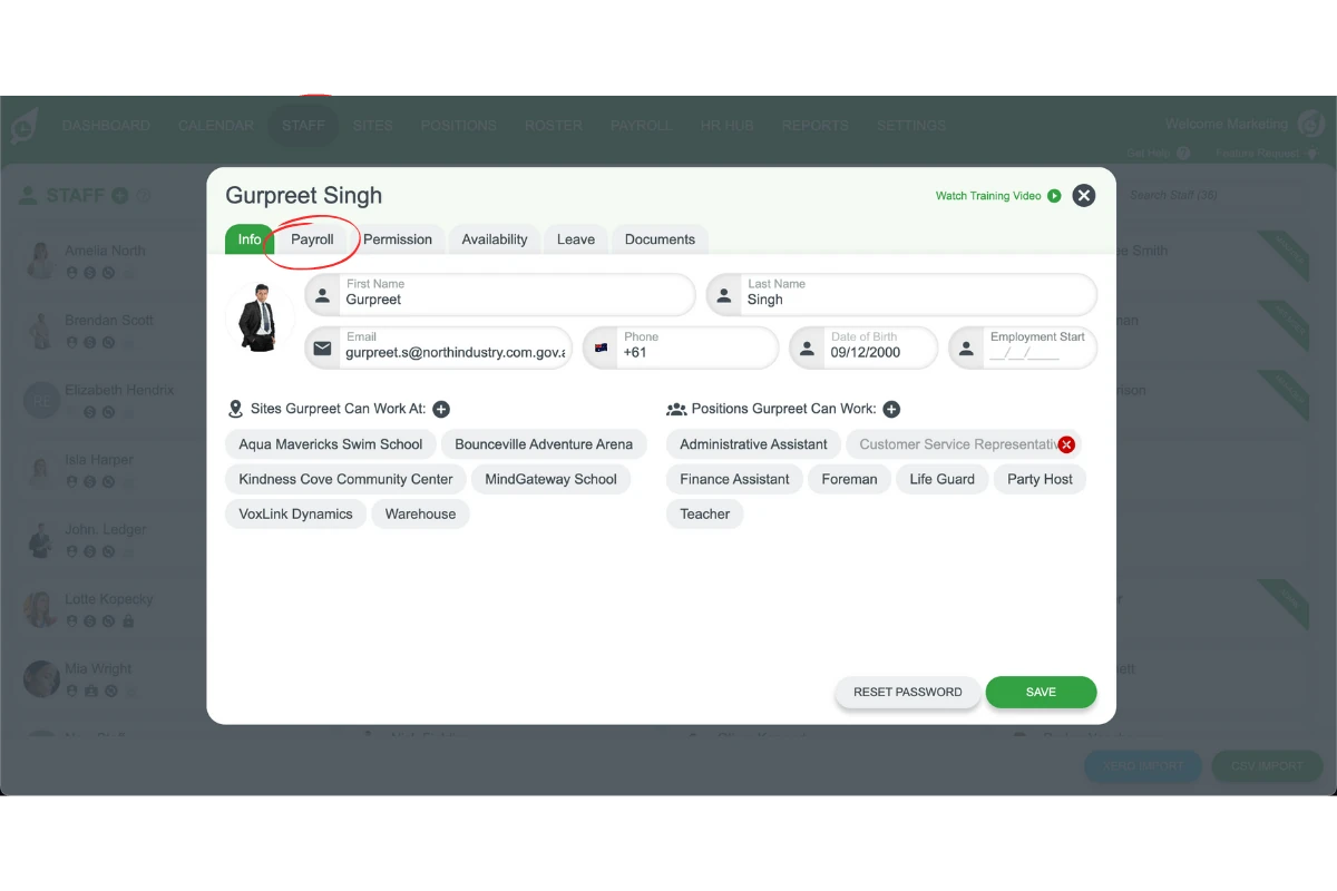 RosterElf payroll section for assigning the pay template