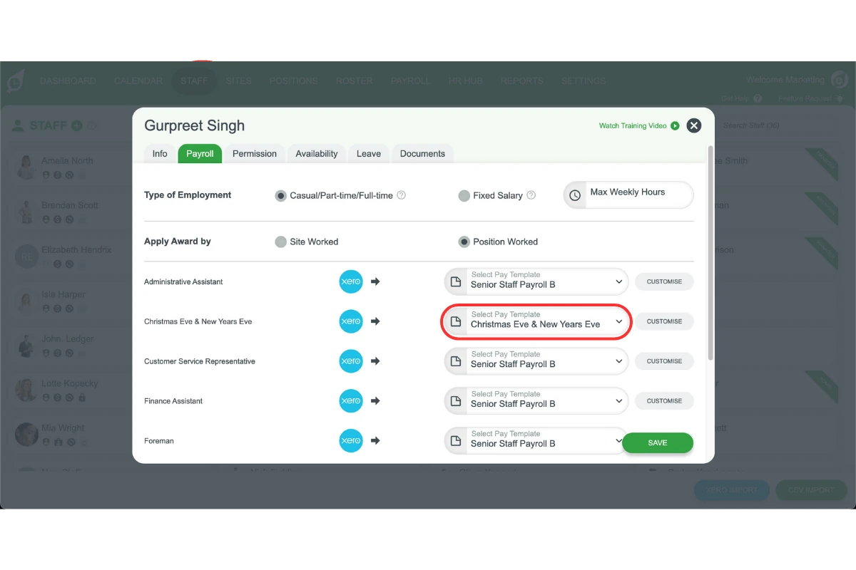 RosterElf pay template assigned by site or position