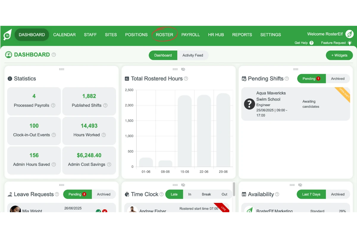 RosterElf top menu with the Roster tab selected