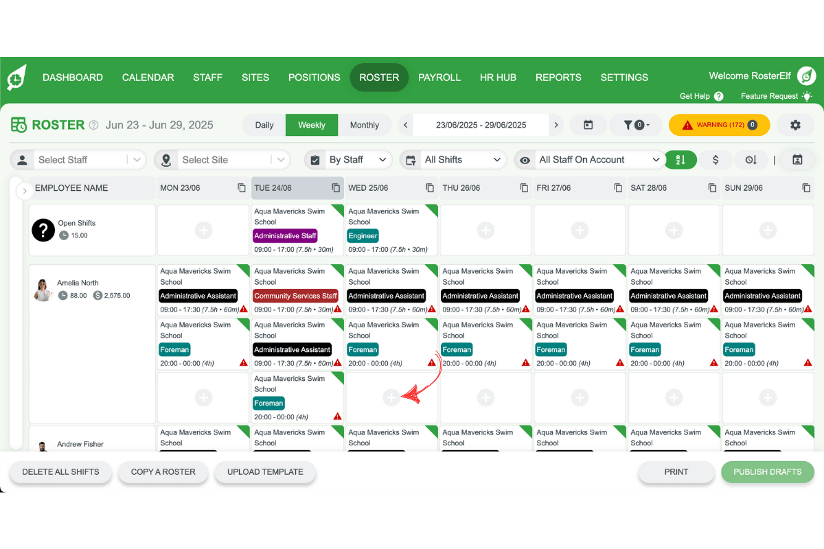 Screenshot showing the plus (+) symbol on the day you want to add a shift in RosterElf