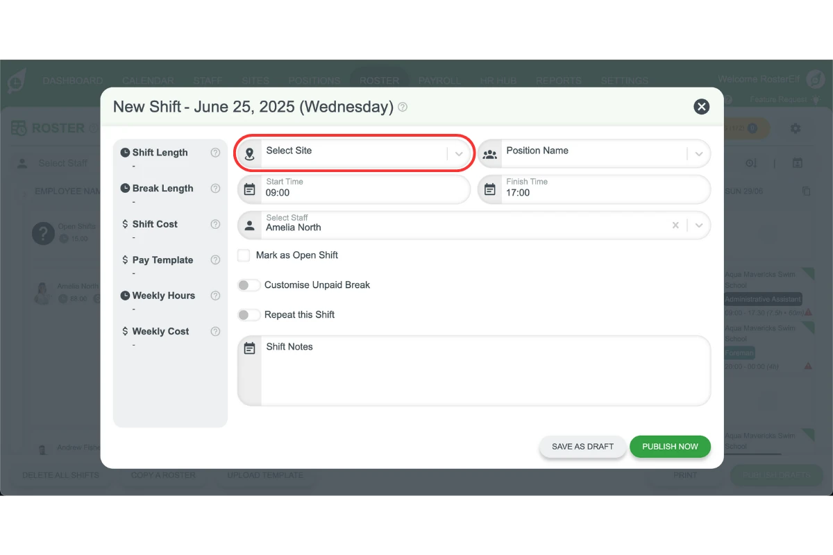 Selecting the site from the dropdown in the RosterElf shift window