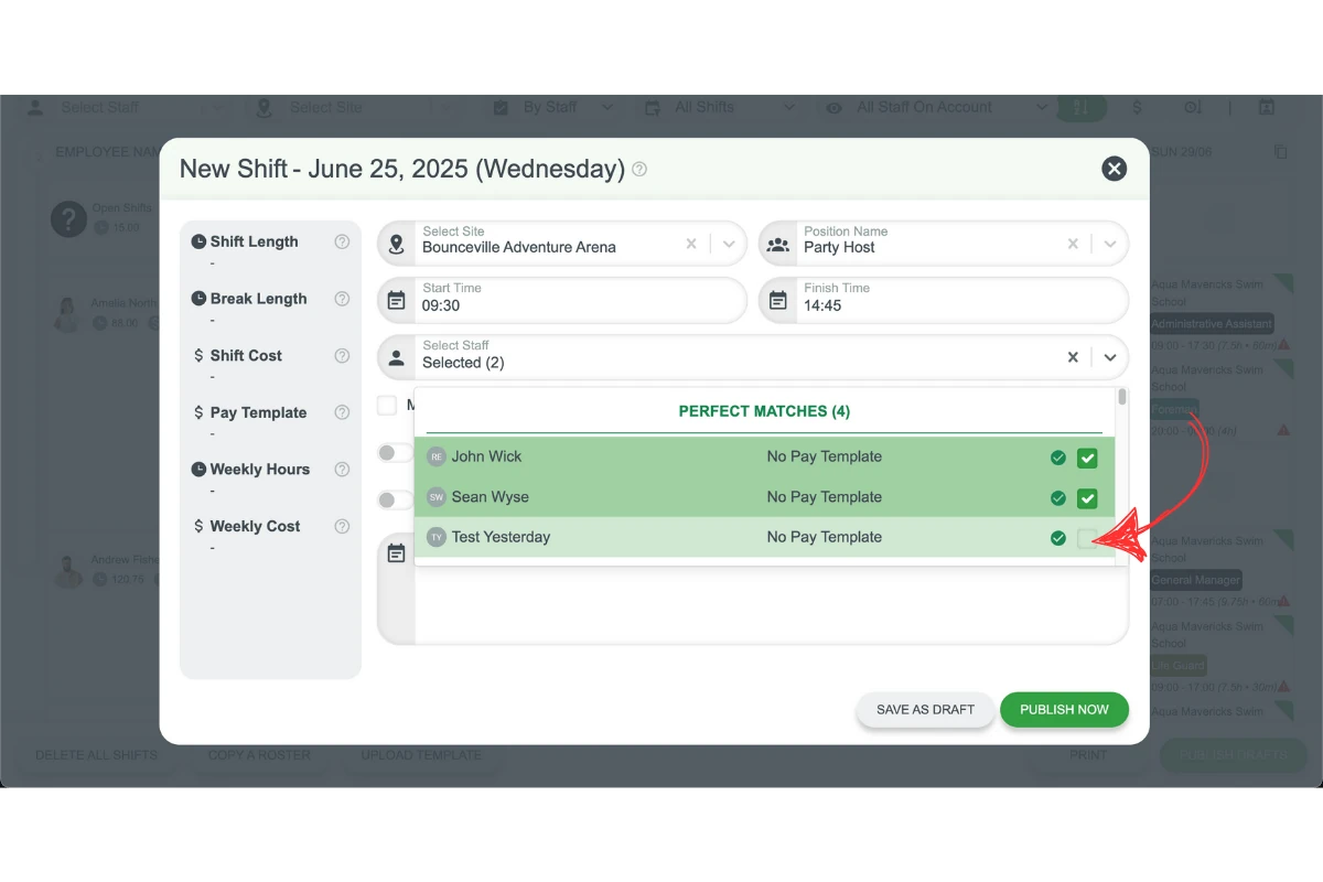 Screenshot showing staff selection checkboxes for assigning multiple employees to a shift in RosterElf