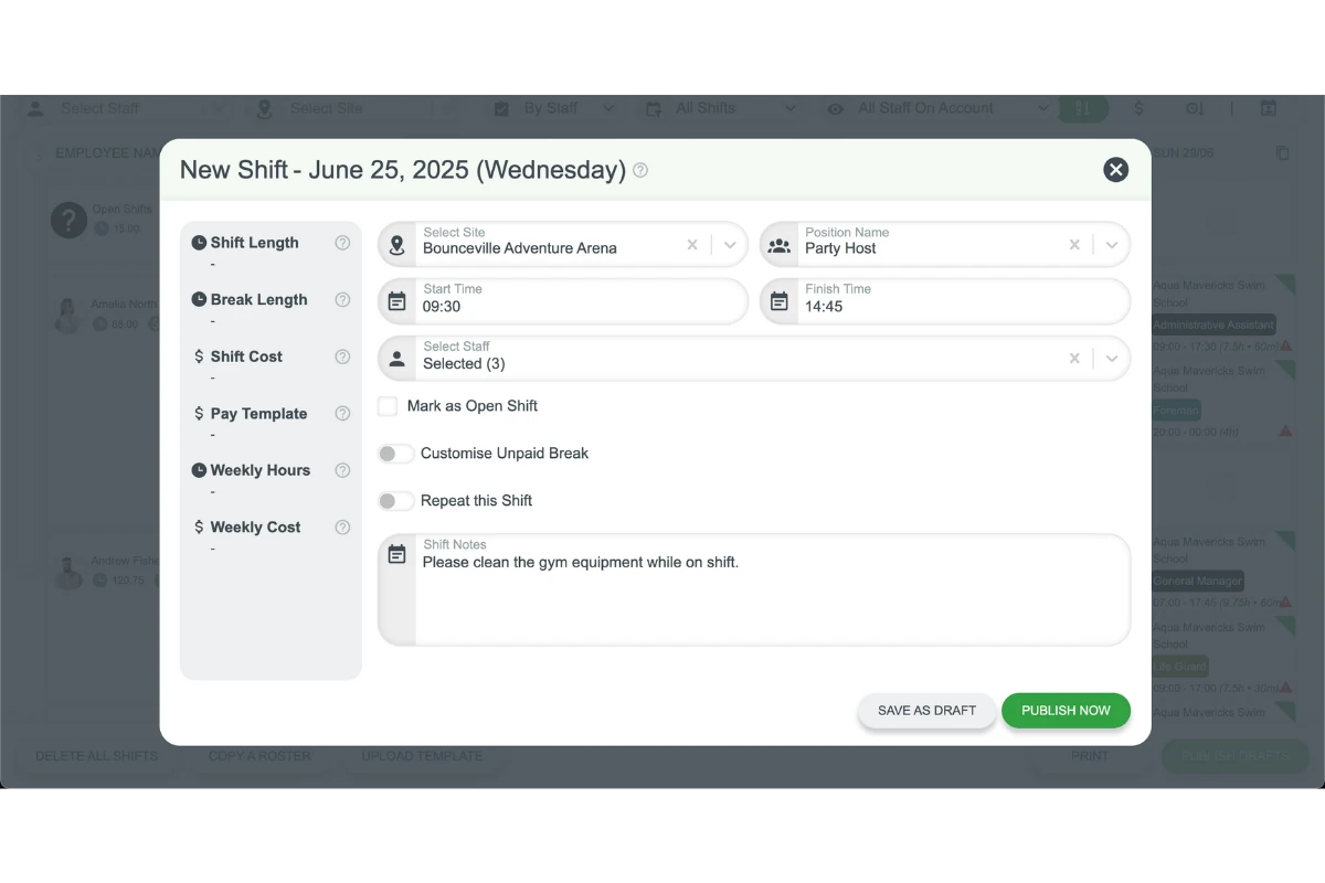 Screenshot showing shift notes field for adding details in RosterElf