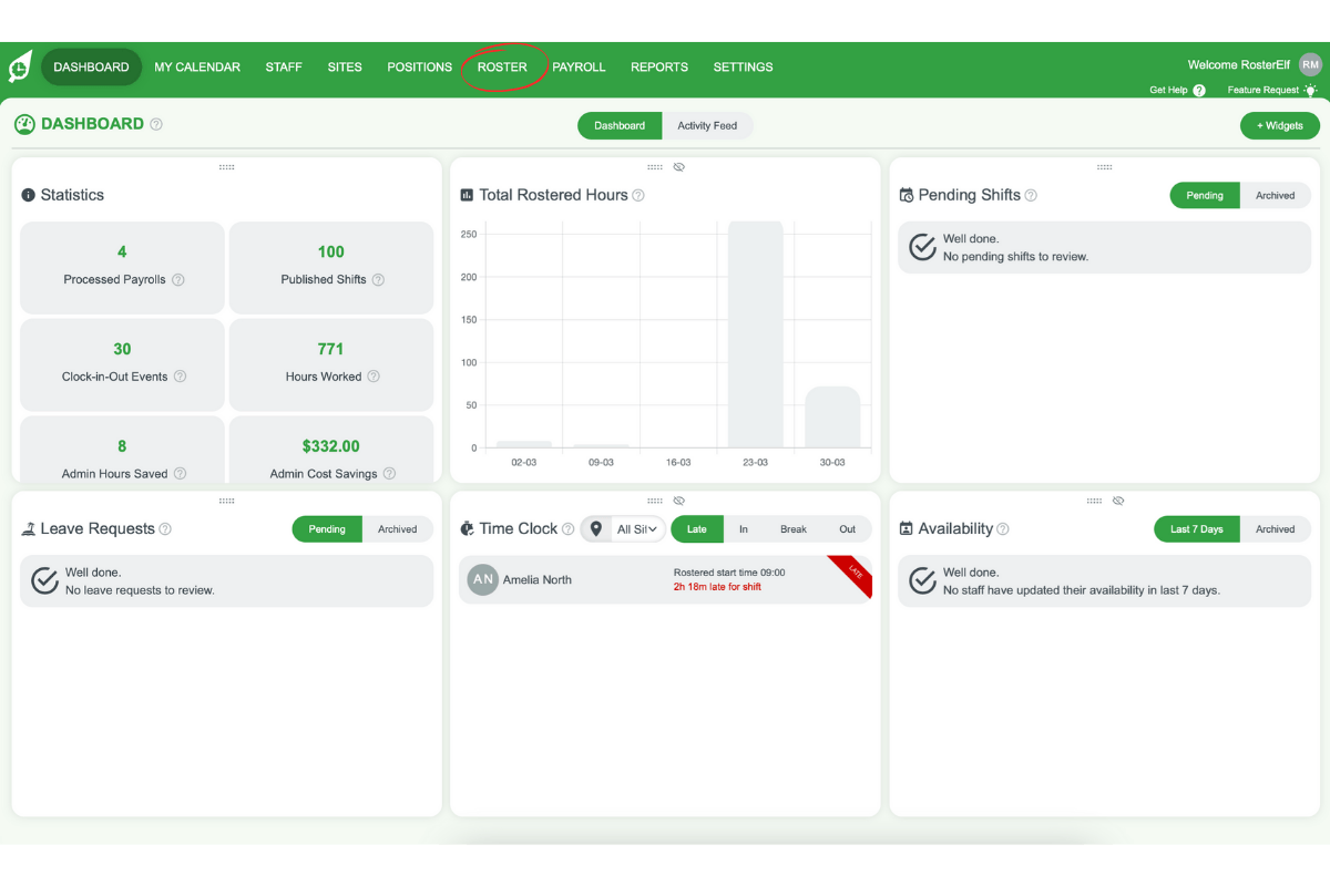 RosterElf top menu with Roster option highlighted