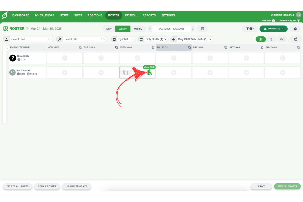 Closer look at the RosterElf interface with 'View Shifts' option for a selected draft shift