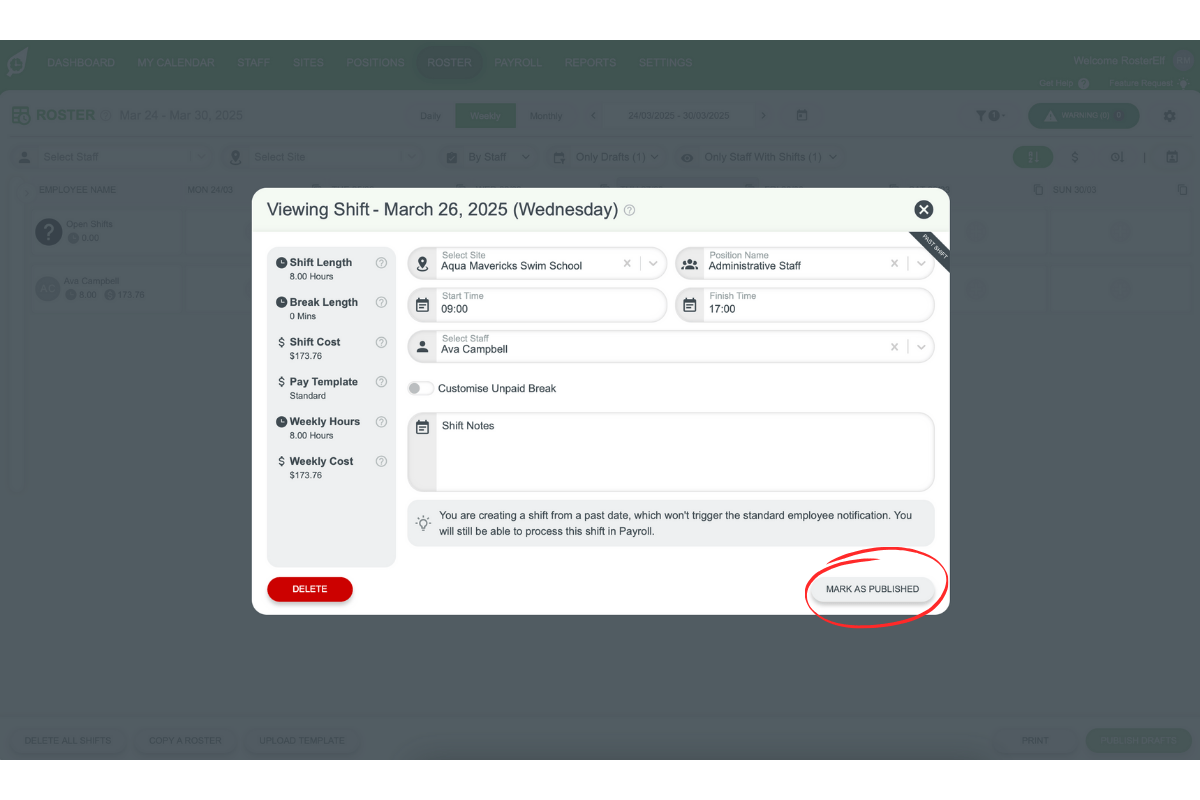 Shift details pop-up in RosterElf with the option to 'Mark as Published'