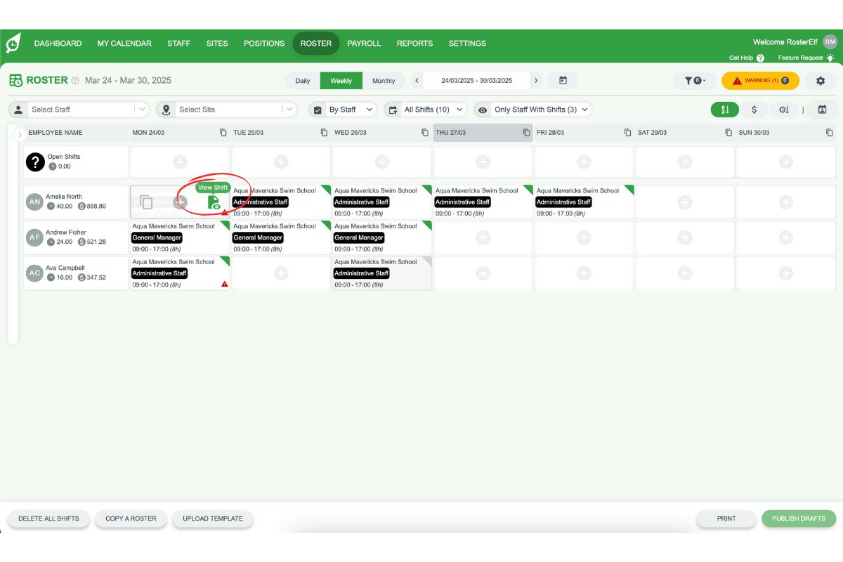 Example shift details screen in RosterElf, highlighting the presence or absence of clock-in-out data.