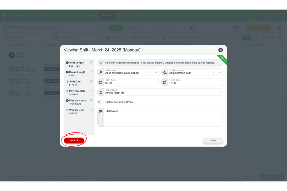 Screenshot highlighting the 'Delete' button to remove a published past shift without clock-in-out data.