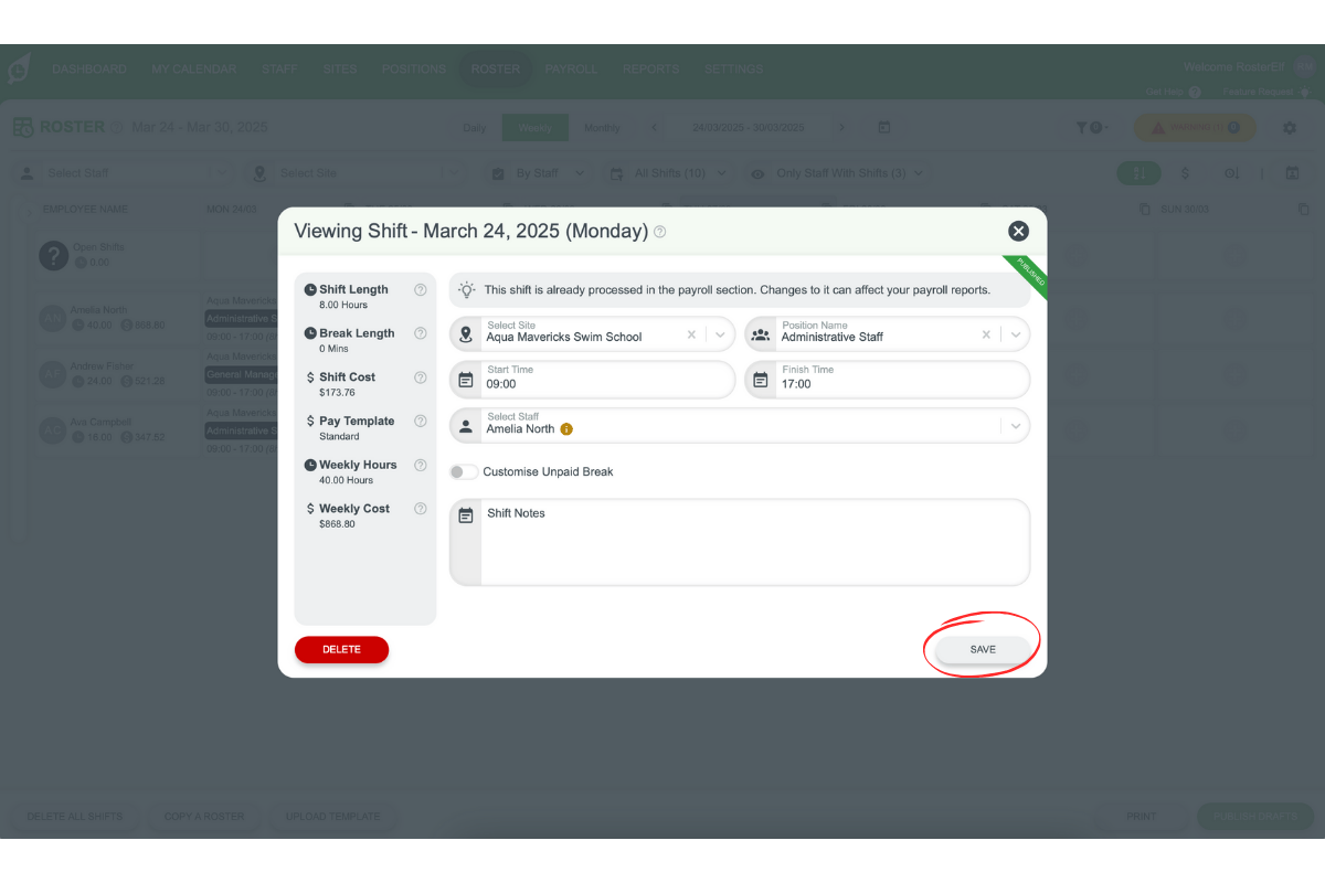 Popup window with editable shift details in RosterElf, showing how to adjust times or roles.