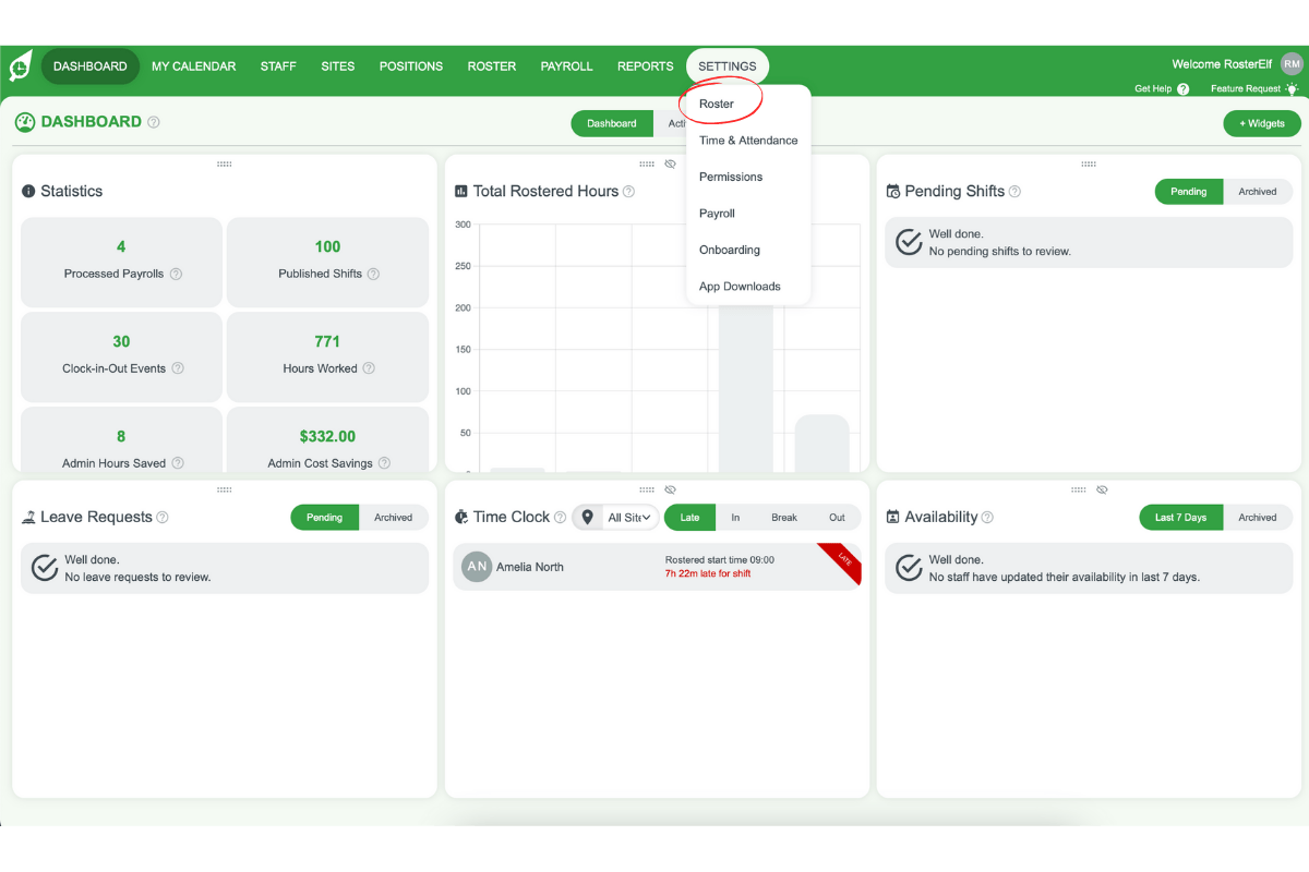 Selecting the Roster option in settings