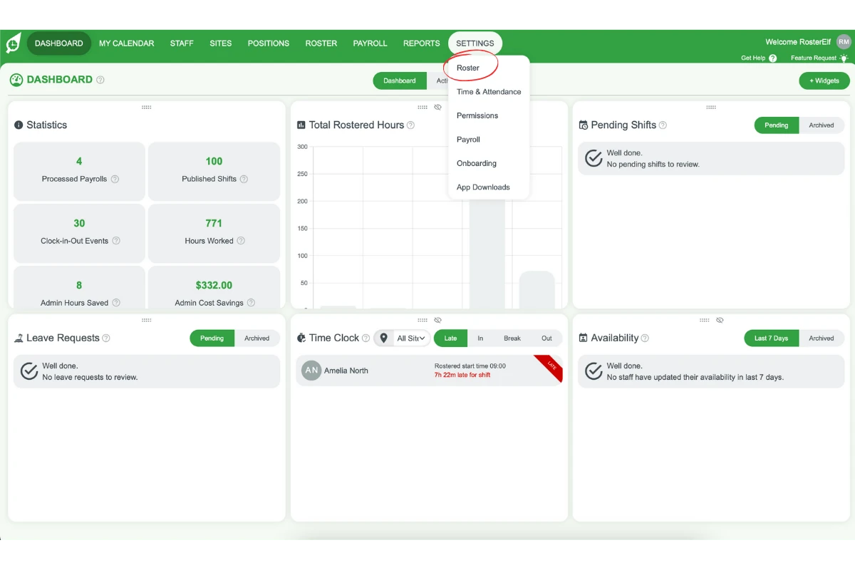 Selecting the Roster option in settings