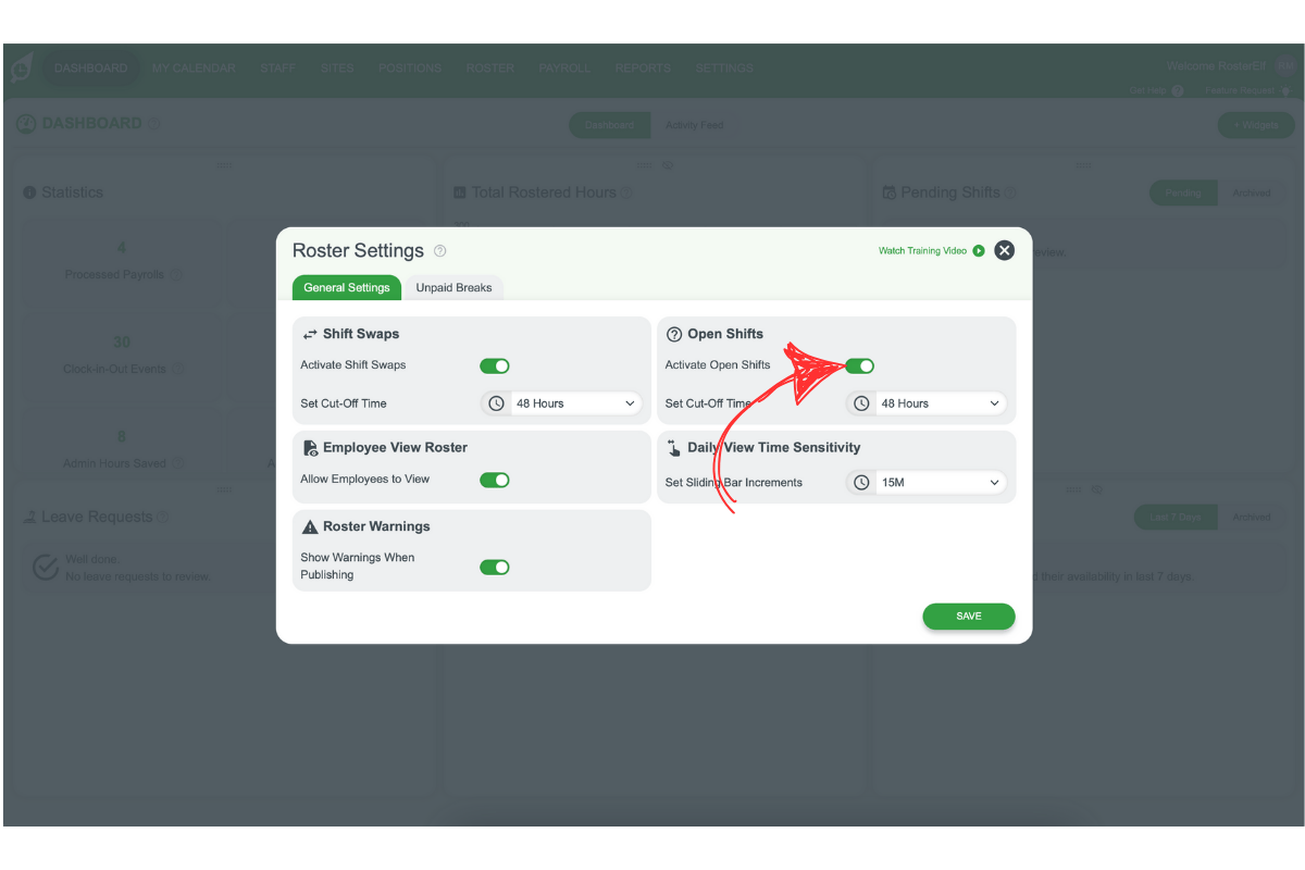 Open shifts toggle in RosterElf settings