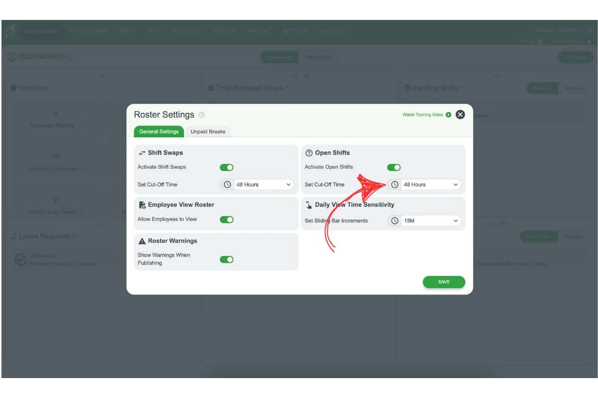 Cut-off time setting for open shifts