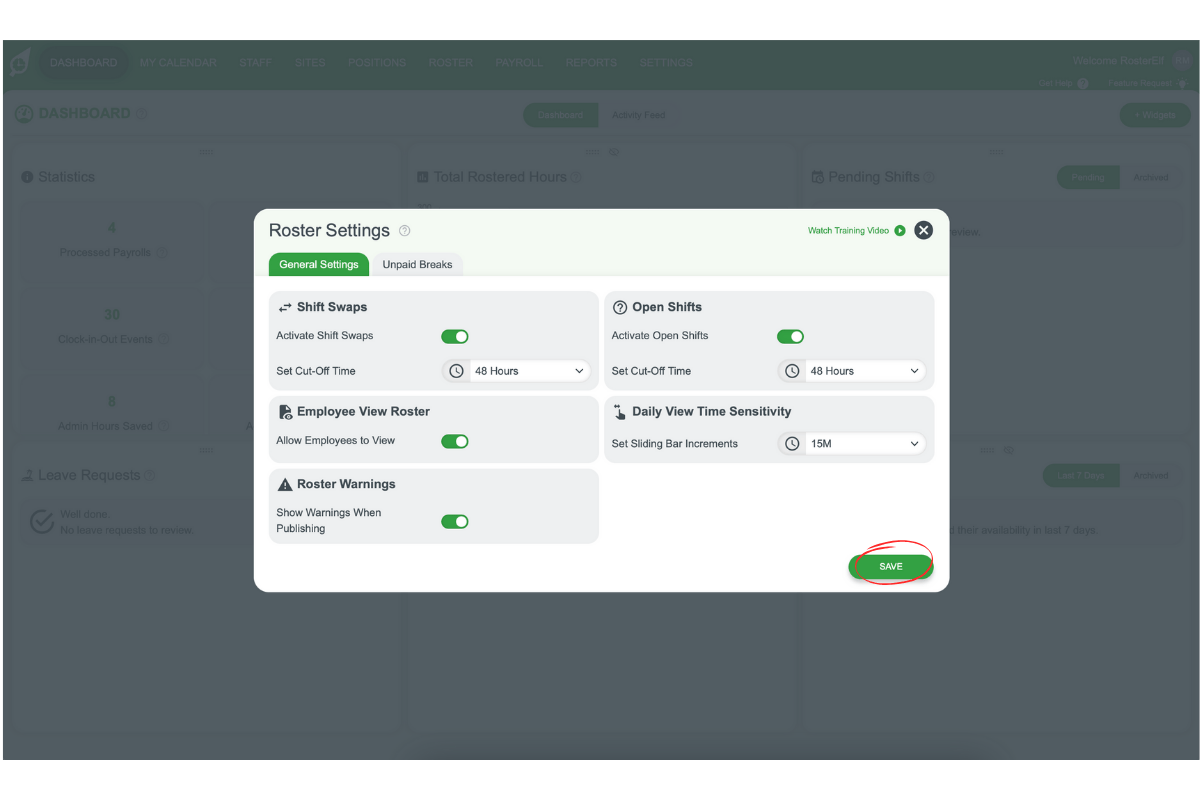 Save button for open shift settings