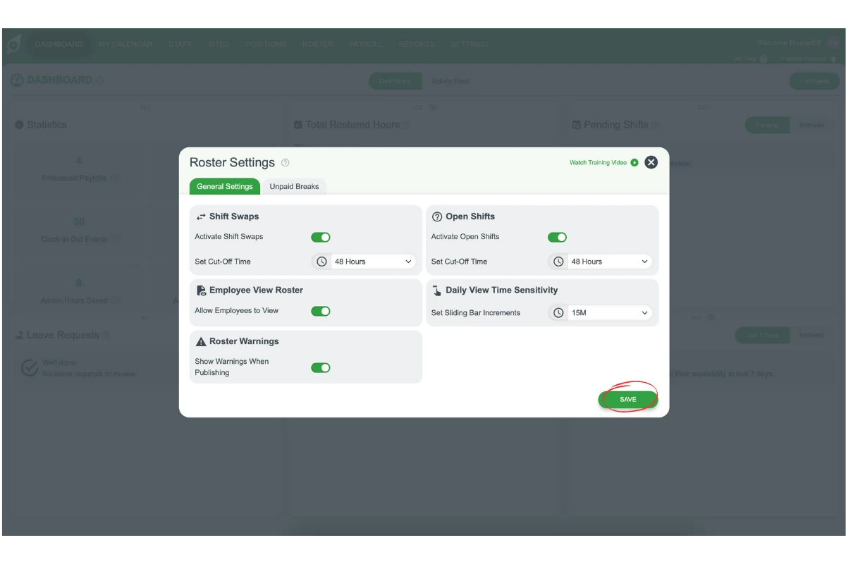 Save button for open shift settings