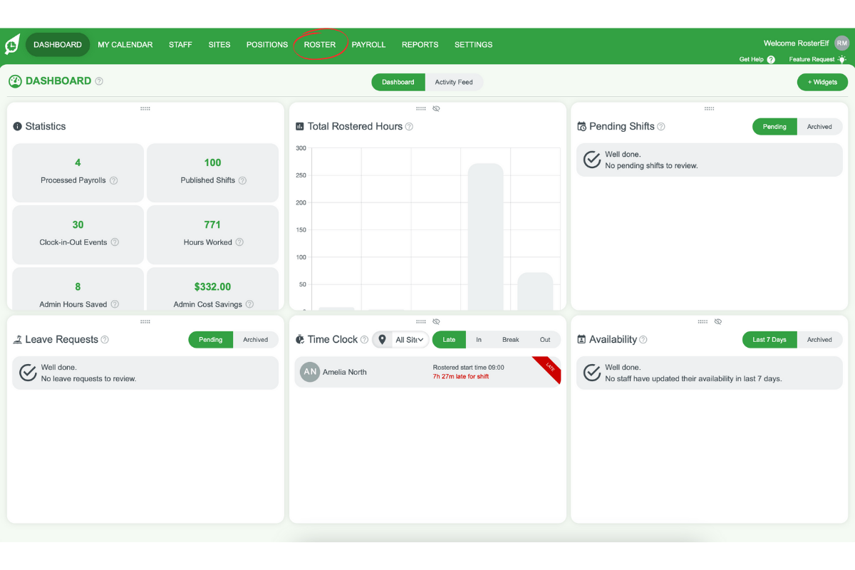 Roster option in top menu