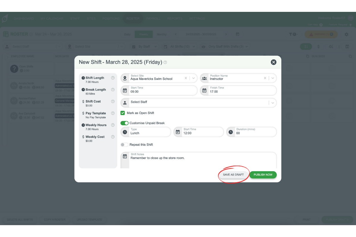 Save as draft button for open shift