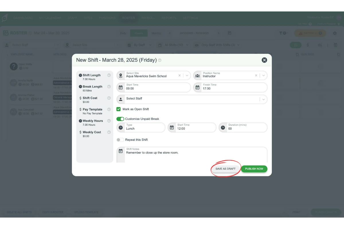 Save as draft button for open shift