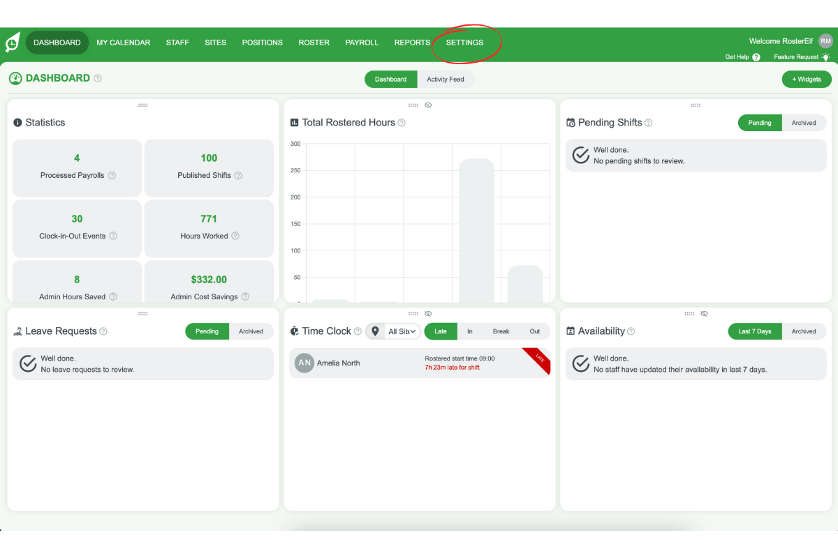 RosterElf settings menu